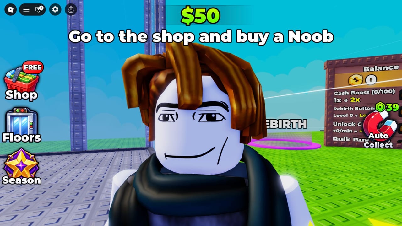 Become a Billionaire player on a green plot with Shop, Floors, Season buttons and a buy-a-Noob tutorial prompt