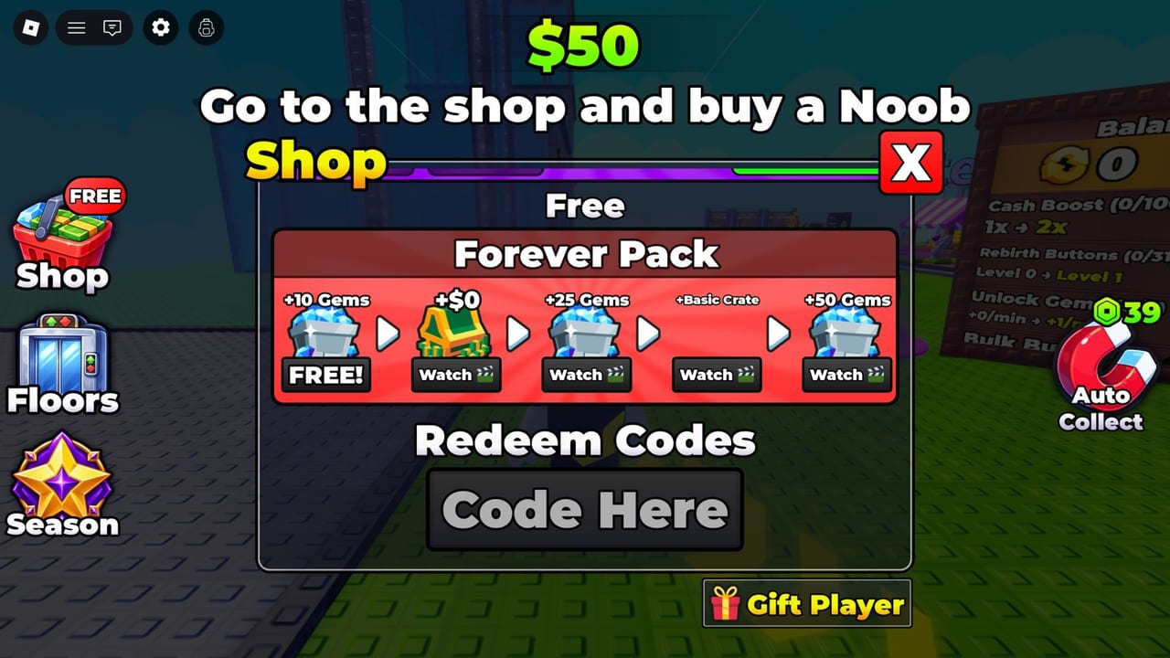 Become a Billionaire Shop window showing Forever Pack, Redeem Codes box, and Auto Collect on the HUD